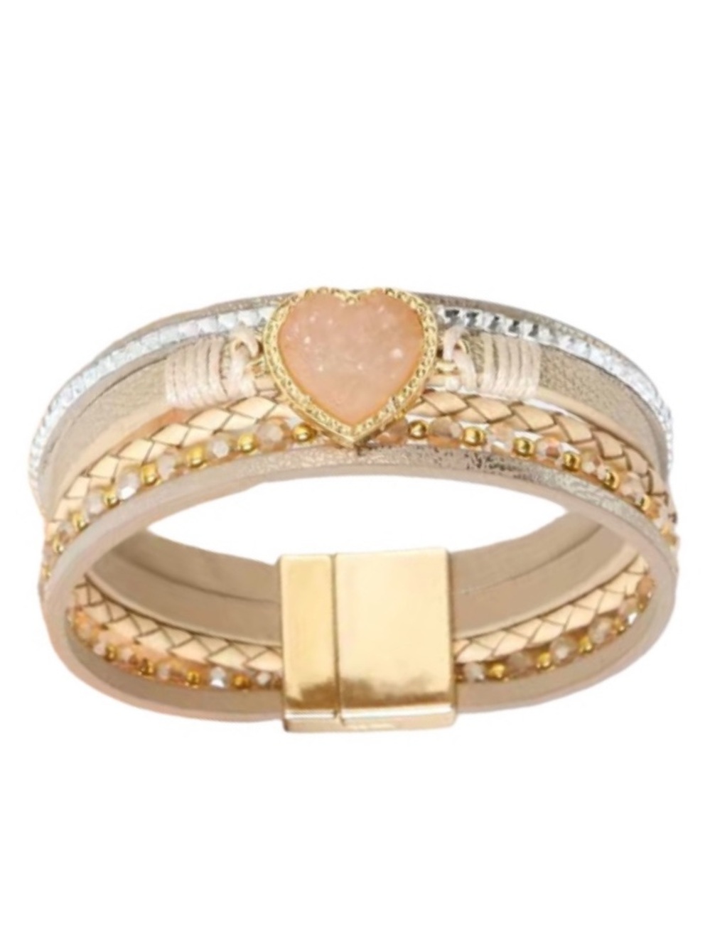 Golden Beige Leather Multi Layer Heart Druzy Crystal Beaded Magnetic Bracelet
